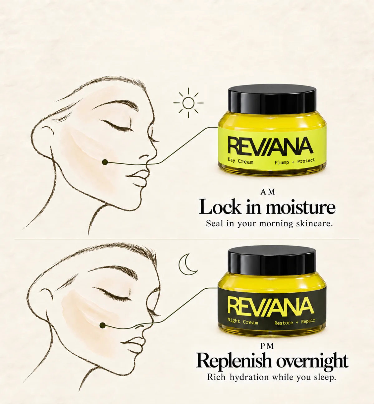 Day Cream: lock in moisture and seal in morning skincare. Night Cream: replenish overnight with rich hydration.