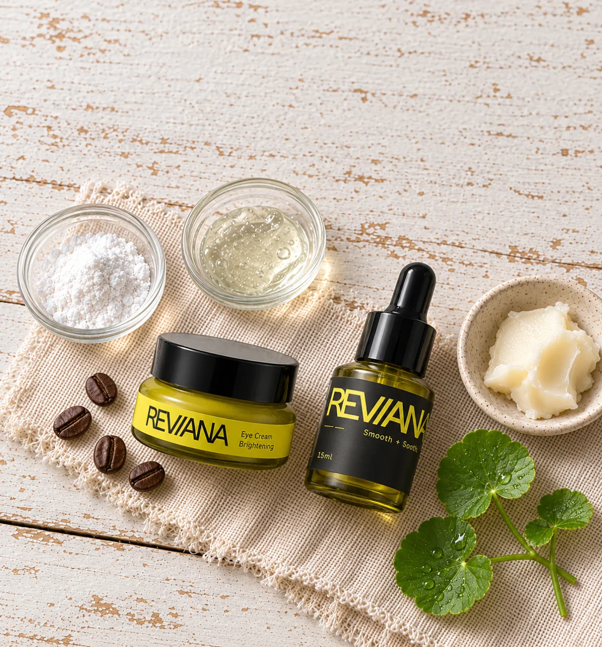 Eye Cream and Serum flatlay with ingredient dishes, tallow, coffee beans and centella