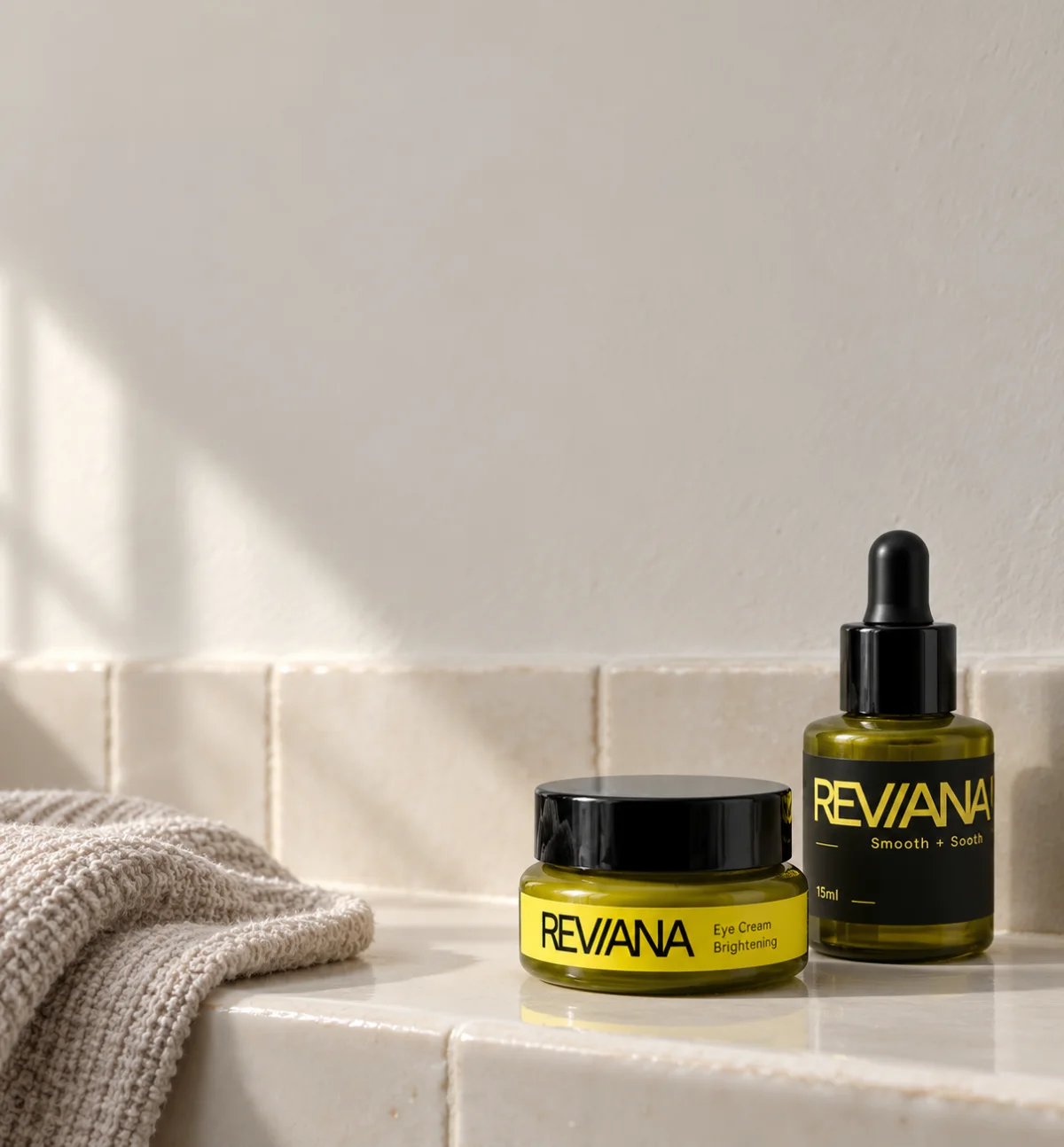 Reviana Eye Cream and Serum on a bathroom shelf