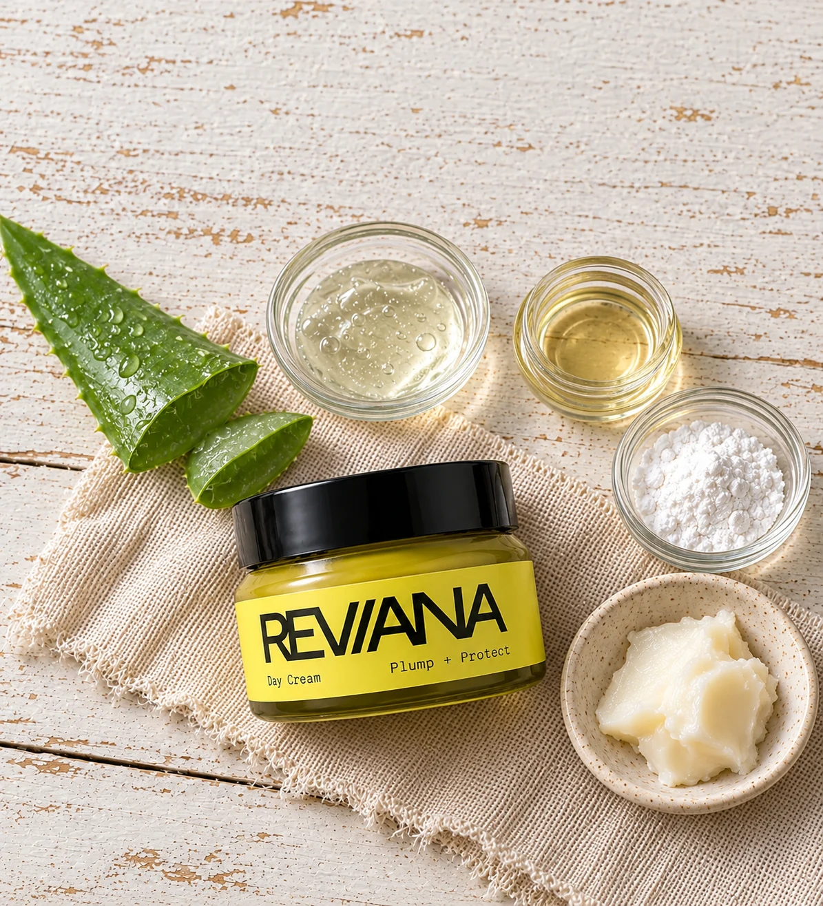 Day Cream ingredient concept flat lay with the Reviana jar