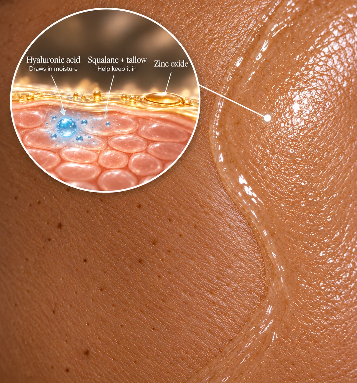 Illustrated Day Cream ingredient concept on dewy skin: hyaluronic acid, squalane and tallow, and zinc oxide