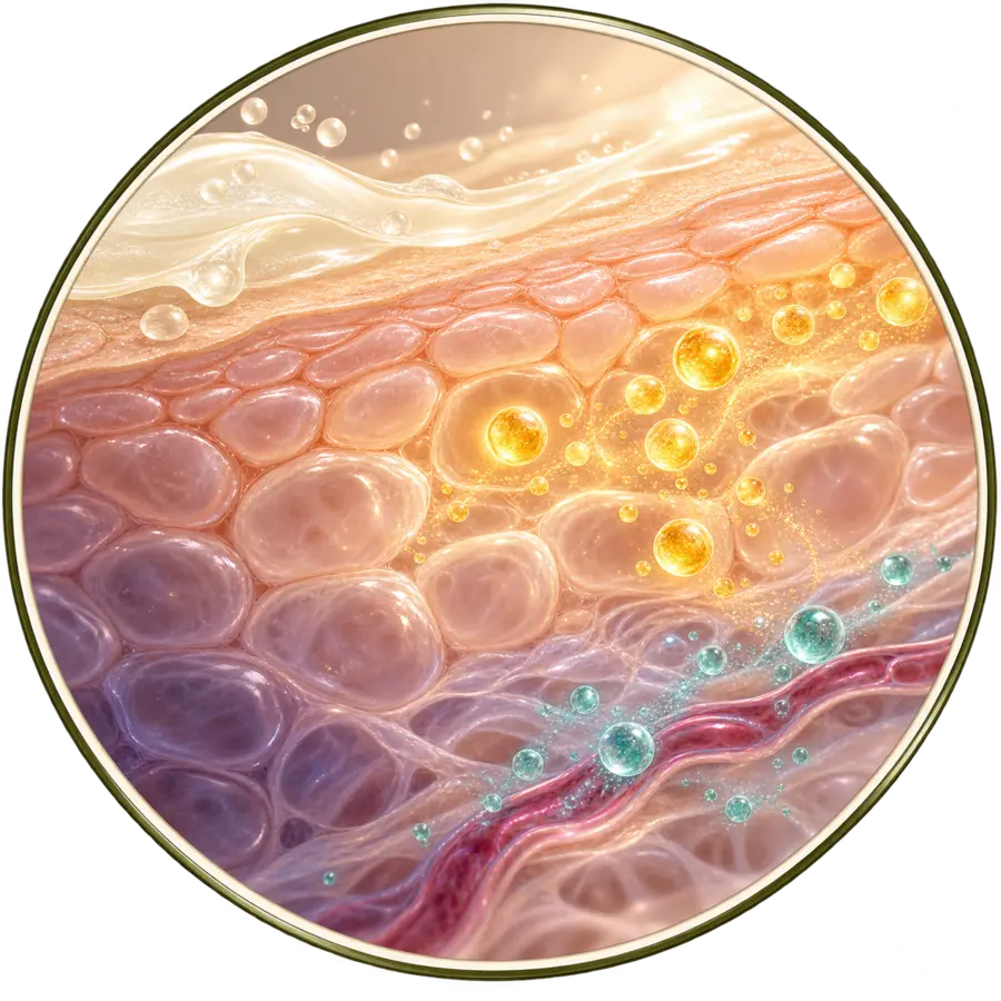 Illustrated magnification: ivory tallow lipids at the surface, golden vitamin C particles and teal caffeine particles among stylised skin cells