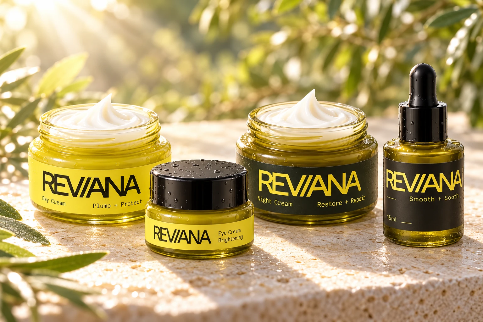 The real Reviana Eye Cream, Serum, Day Cream and Night Cream collection