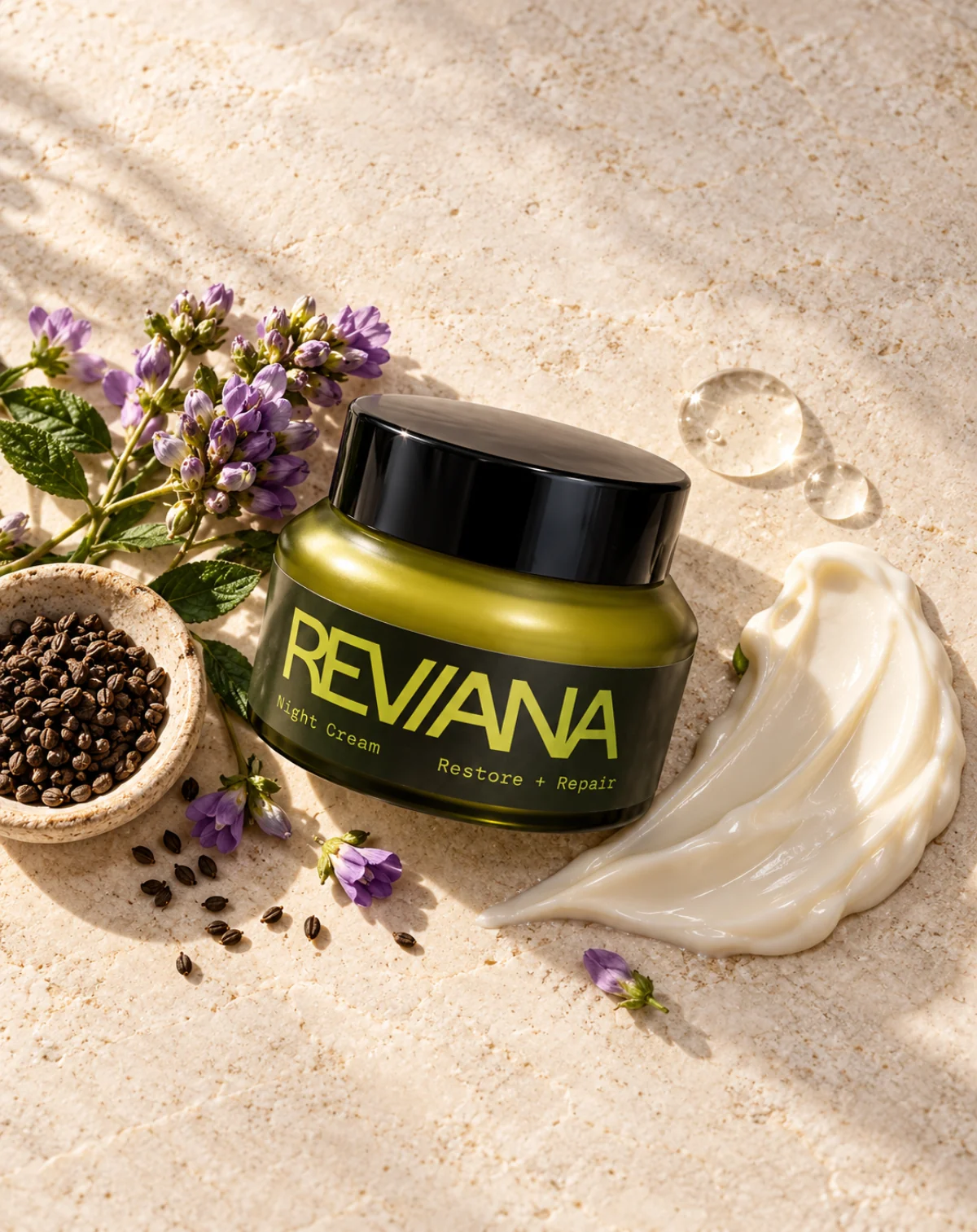 Reviana Night Cream with botanical ingredients and a rich cream texture