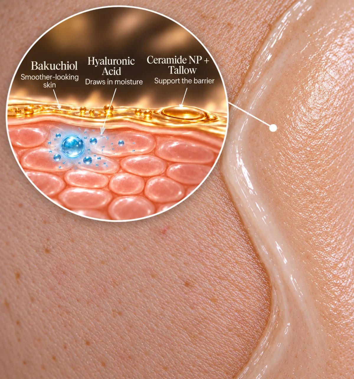 Night Cream on dry skin, with an illustrated inset: Bakuchiol for smoother-looking skin; Hyaluronic Acid draws in moisture; Ceramide NP + Tallow support the barrier